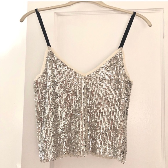 Gianni Bini Mini Silver Sequin Cropped Tank Top. XS - Picture 3 of 11